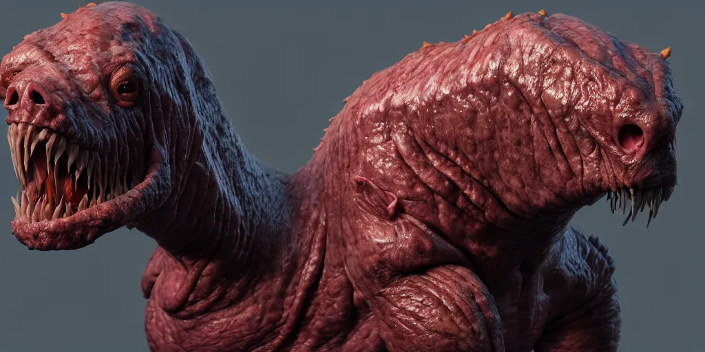 Image similar to the wrinkle skin meat eater creature monster sci fi strange animal by neville page, ken barthelmey, carlos huante and doug chiang, sharp focus, trending on artstation, hyper realism, octane render, 8 k, hyper detailed, ultra detailed, highly detailed, zbrush, concept art, creature design