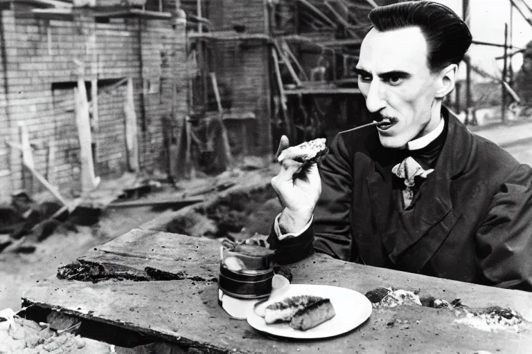 Image similar to dracula eating a bologna sandwich on a construction site 1 9 4 0 s