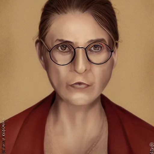 Image similar to a severe middle aged french woman with blonde hair tied in a strict bun, spectacles, lots of makeup, rich, character portrait, digital art, high quality, 8 k, detailed, d & d character,