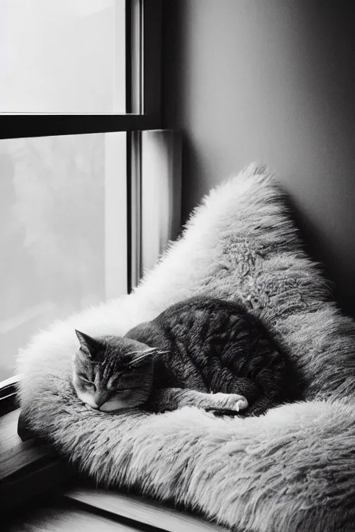 Prompt: “ fluffy grey cat lying on cat bed turning head to look out the window, lying on cat tree, cozy living room, warm, cotton, dramatic lighting, extremely high quality, leica m - a, lux 3 5 fle, portra 8 0 0, analog ”