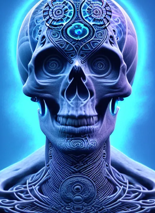 Image similar to 3 d shaman with tattoos profile portrait, sigma 5 0 0 mm f / 5. beautiful intricate highly detailed skull. bioluminescent, plasma, frost, water, wind, creature, gradient background, thunderstorm! artwork by tooth wu and wlop and beeple and greg rutkowski, 8 k trending on artstation,