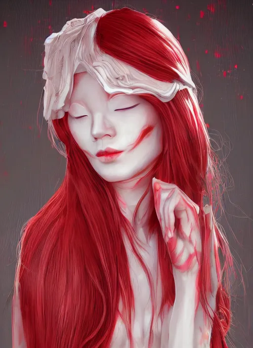 Prompt: albino maiko with very long fantasy hair, fluent composition, red and white neon, concept art, ambient light, 4 k, intricate details, highly professionally detailed, cgsociety, highly detailed -