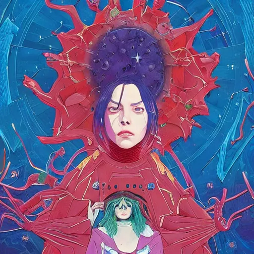 Image similar to closeup : billie eilish as the empress of the universe sits on stellar throne. illustration by james jean and satoshi kon and erik jones, inspired by evangelion, smooth feature, intricate oil painting, high detail illustration, sharp high detail