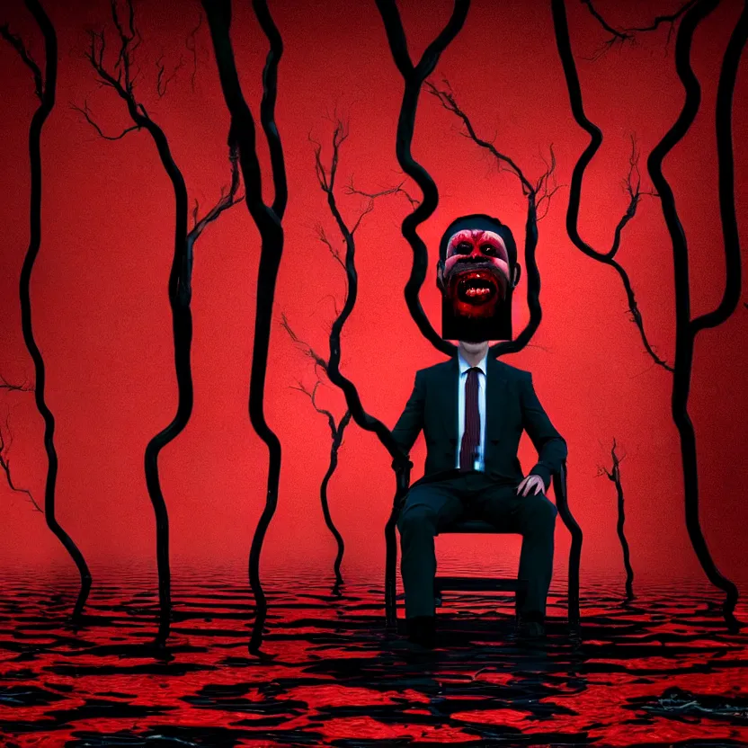 Image similar to a portrait of a man with five heads, twelve arms, sitting on chair made of human limbs, the chair is floating in a lake of blood, around the lake are melting trees, digital art, hyperrealistic nightmare scene, supernatural, highly detailed, creepy, terrifying