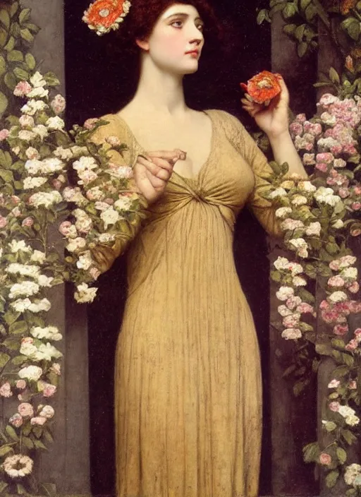 Image similar to masterpiece Queen of flowers by John Collier, John William Godward, Wladislaw Czachorski, Theodoros Ralli,