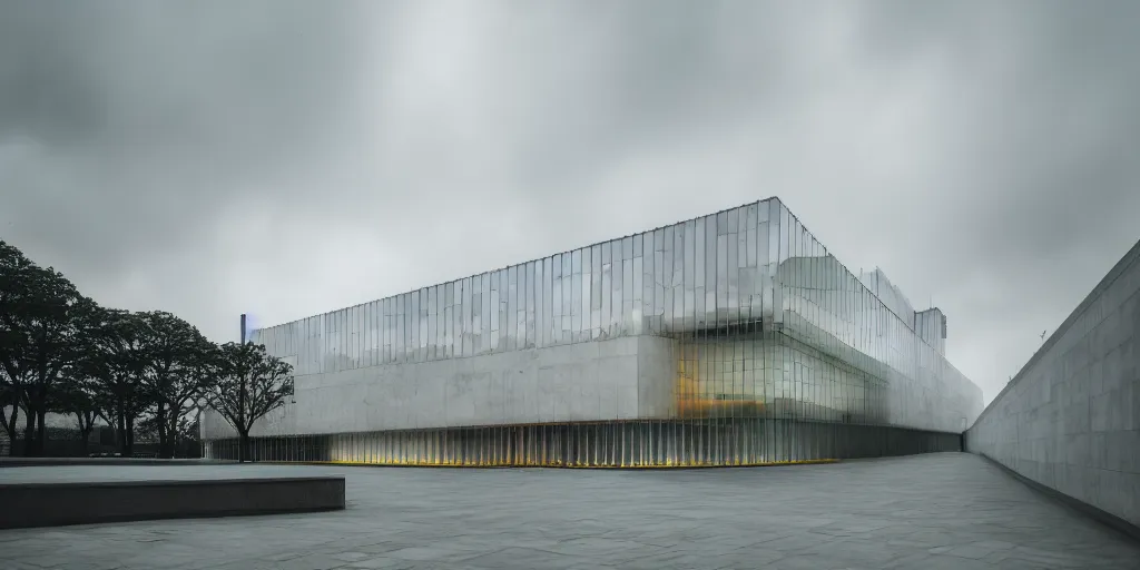 Prompt: cinematic color photography of art museum made out of colored small stained glass panes and white concrete in an urban context, dramatic grey sky, volumetric lighting, glowing windows, architectural photography, wide angle, color, photoreal, velvia