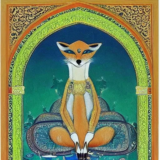 Prompt: An anthropomorphic fox in a silk robe sitting inside a lavish mosque, beautiful painting