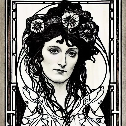 Image similar to florence welch portrait by louis - theophile hingre and alphonse mucha, realistic, sharp focus, zodiac signs, tarot cards, planets, ethereal, art nouveau, magic, moon, sun, crown, dreamy, royal, jewellery