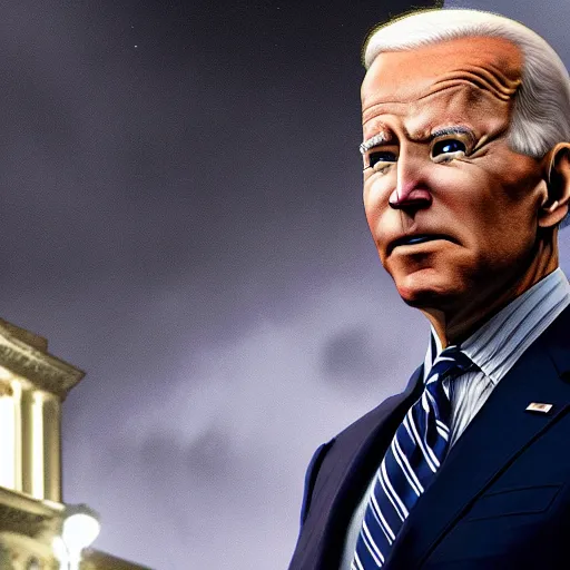 Image similar to Giant Mega Chad Dark Mode Joe Biden looming over a thunderstorm