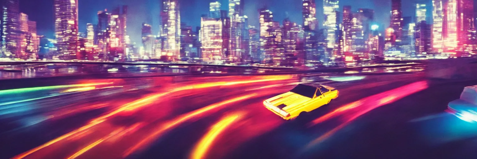 Image similar to 8 0 s neon movie still, high speed car chase by the river with city in background, slow shutter speed, medium format color photography, movie directed by kar wai wong, hyperrealistic, photorealistic, high definition, highly detailed, tehnicolor, anamorphic lens