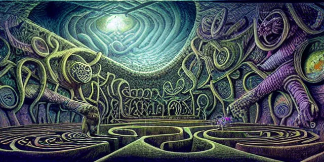 Prompt: maze labyrinth nebulapunk by dan seagrave with hidden creatures by patrick woodroffe