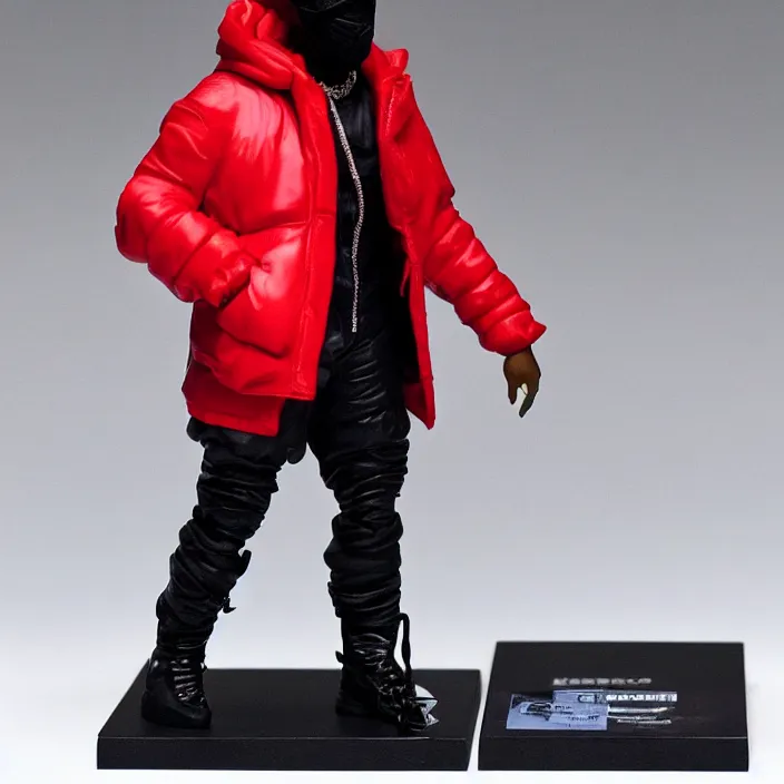 Image similar to a action figure figure of kanye west using a full face covering black mask, a small, tight, undersized reflective bright red round puffer jacket made of nylon, dark jeans pants and big black balenciaga rubber boots, figurine, detailed product photo