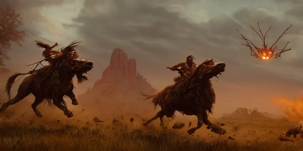 Image similar to buffalo chase ,native indian on ancient wood atv, attacking, action scene, an epic fantasy, dramatic lighting, cinematic, establishing shot, extremely high detail, photorealistic, cinematic lighting, artstation, octane render, by simon stalenhag, horizon forbidden west and futuristic western