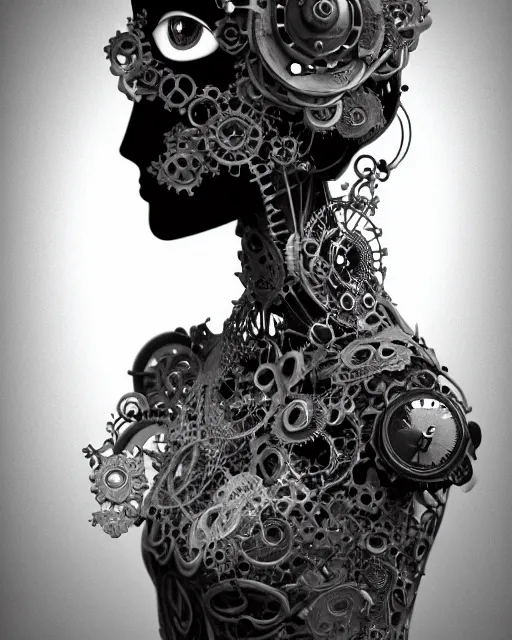 Image similar to black and white dreamy foggy poetic smoky profile face portrait, one silver steampunk realistic eye biomechanical beautiful angelic young female cyclope - cyborg - robot bust, body ribs meshes,, volumetric light, hibiscus flowers, by cecile beaton, rim light, big gothic fashion pearl embroidered collar, 8 k