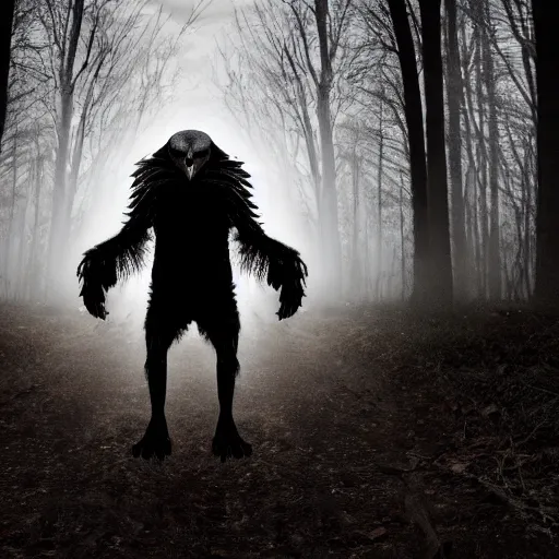 Image similar to werecreature consisting of a crow and a human, werecrow, photograph captured in a dark forest