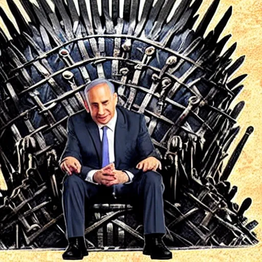 Image similar to “Benjamin Netanyahu sitting on the iron throne, 4k, award winning, Digital art, scene from game of thrones”