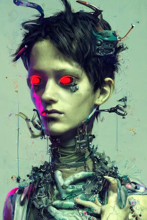 Image similar to an epic non - binary model, subject wearing a belt made out of computer mice, grungy, beautiful, intricate, muted tonal colors, with few neon green highlights, by jeremy mann and ilya kuvshinov, jamie hewlett and ayami kojima, trending on artstation, bold 3 d