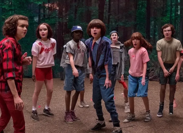 Image similar to the cast of stranger things having a dance battle with the demogorgon, extremely detailed, high quality, 4 k, award - winning,