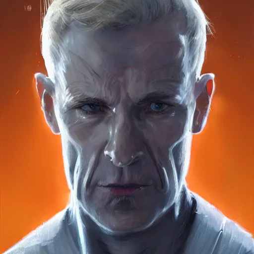 Prompt: Portrait of a man by Greg Rutkowski, he is about 60 years old, short blond hair, athletic and strong, straight jaw, wearing a futuristic tactical gear, expression of determination with weariness and resignation, older brother vibes, highly detailed portrait, digital painting, artstation, concept art, smooth, sharp foccus ilustration, Artstation HQ.