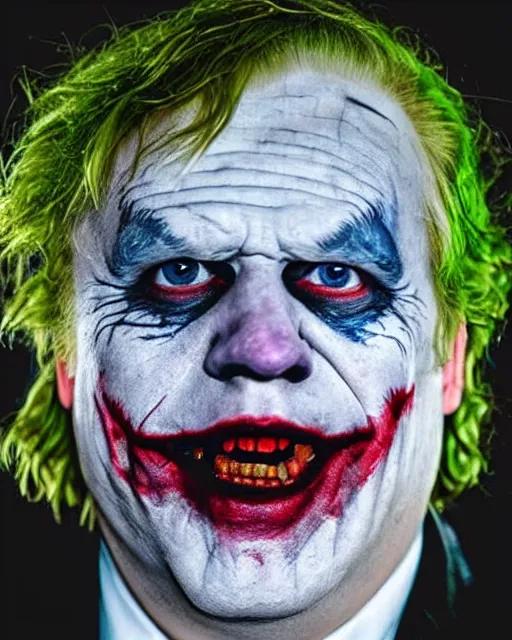 Prompt: film still close - up shot of boris johnson as the joker from the movie the dark knight. photographic, photography