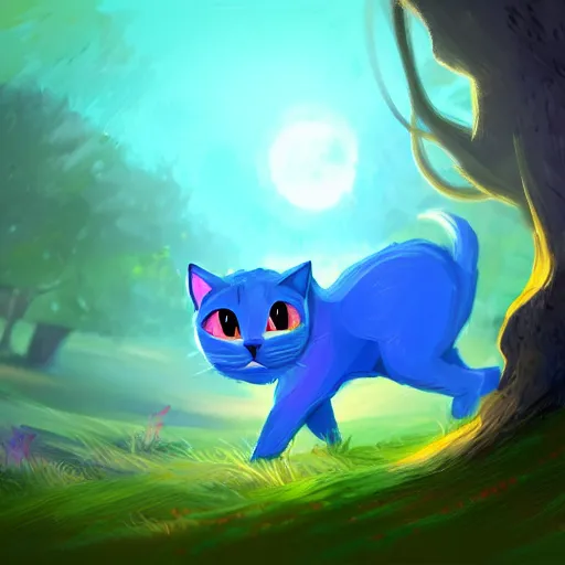 Image similar to illustration of glowing cute blue cat, field and tree, detailed concept art, artstation, warrior cats, shading,