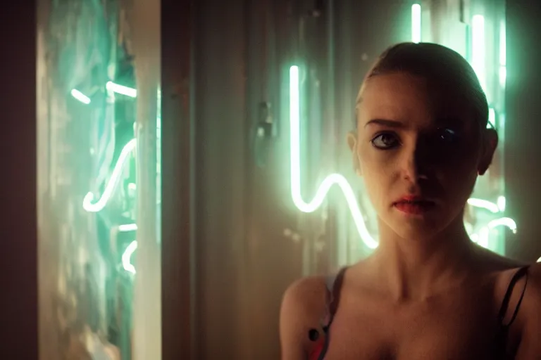 Prompt: cinematography closeup portrait of a cyborg woman in a cyberpunk apartment, neon lighting, night, by Emmanuel Lubezki