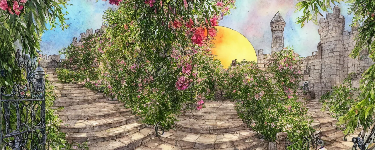 Image similar to huge flower, courtyard walkway, sunset, castle, stairway, chairs, wrought iron, gate, tree, delicate, botanic garden, road, botanical herbarium paper, watercolor colored painting, iridescent colors, 8 k, realistic shaded, fine details, artstation, italian style, colonnade