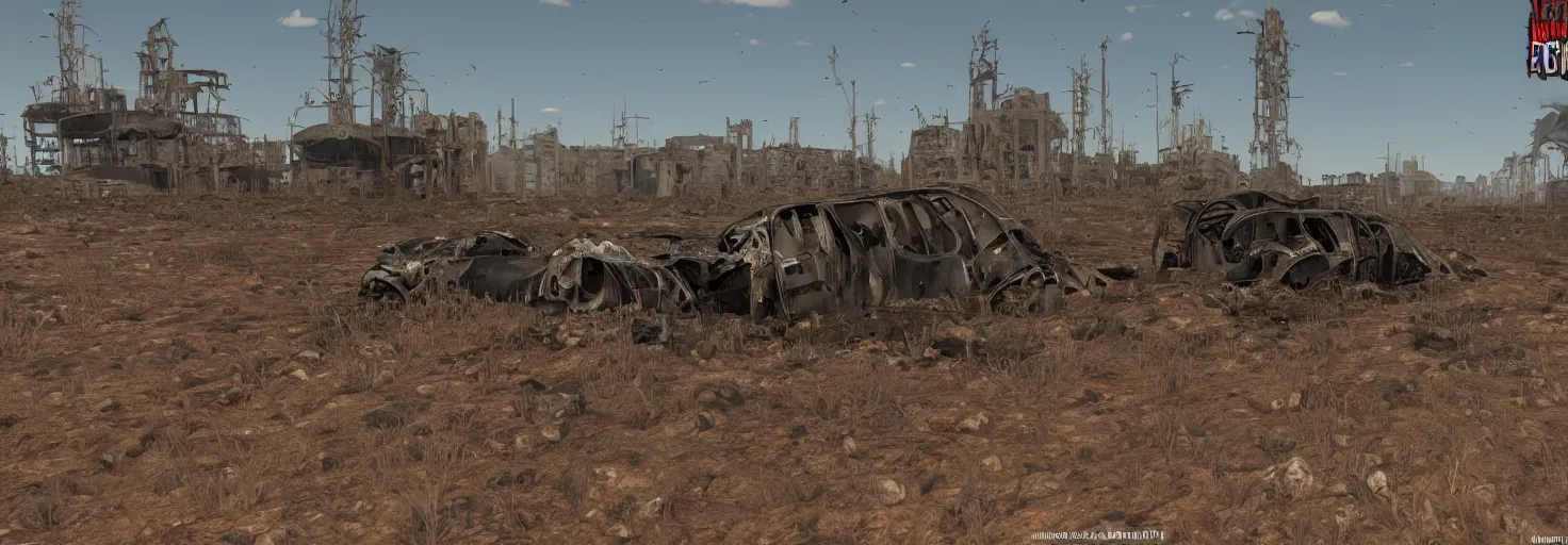 Image similar to wastelands by a sunny day, year 2 3 5 9, after a nuclear outcome, detailed ground, smooth and high resolution, unique bus wreck, impacts, clear atmosphere