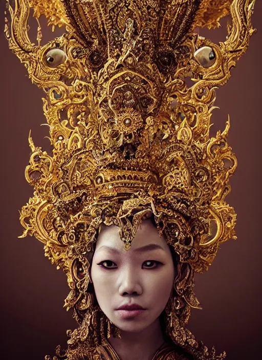 Prompt: a portrait of thai female by stefan geselle and nekro borja, photorealistic, intricate details, hyper realistic, fantasy, elegant, baroque gold headpiece, photorealistic, canon r 3, photography, wide shot, symmetrical features, symmetrical pose, wide angle shot, head to toe, standing pose, feet on the ground, wearable art