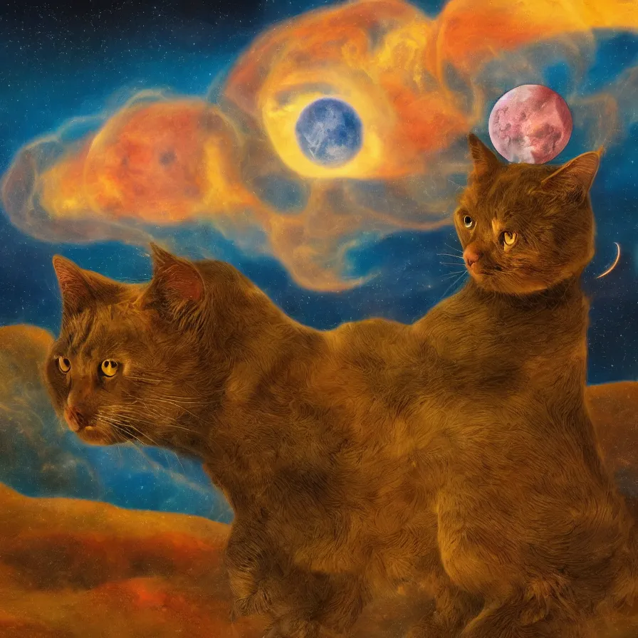 Image similar to a surreal landscape of a frightened giant cat chased by ghosts in a vast desert lit by two scary moons, deeply texural, saturated color scheme