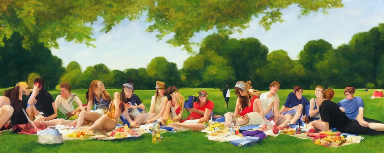 Image similar to a young generation z group of friends having a picnic in a central park manhattan new york on friday mid - summer of 2 0 2 2, in the style of an edward hopper painting