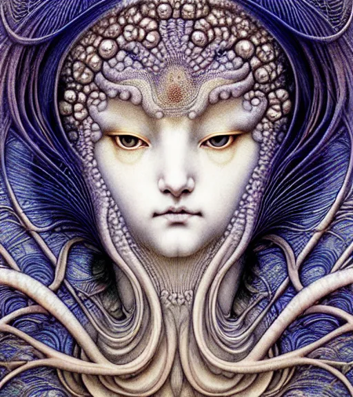 Image similar to detailed realistic beautiful kitsune goddess face portrait by jean delville, gustave dore, iris van herpen and marco mazzoni, art forms of nature by ernst haeckel, art nouveau, symbolist, visionary, gothic, neo - gothic, pre - raphaelite, fractal lace, intricate alien botanicals, ai biodiversity, surreality, hyperdetailed ultrasharp octane render