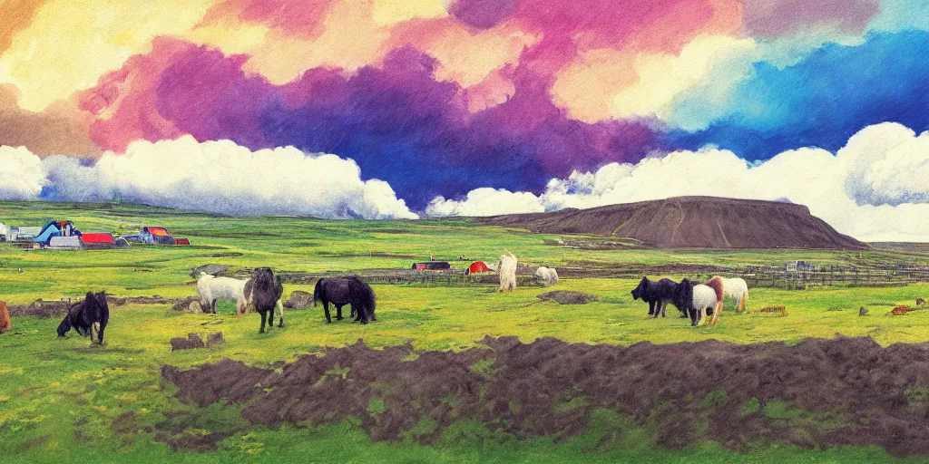 Image similar to a beautiful painting of a icelandic farm, one icelandic horses galloping, storm clouds gathering over the town, by studio ghibli 8 k pastel colours, isometric, six point perspective, drone shot, smeared watercolours, golden light, film grain