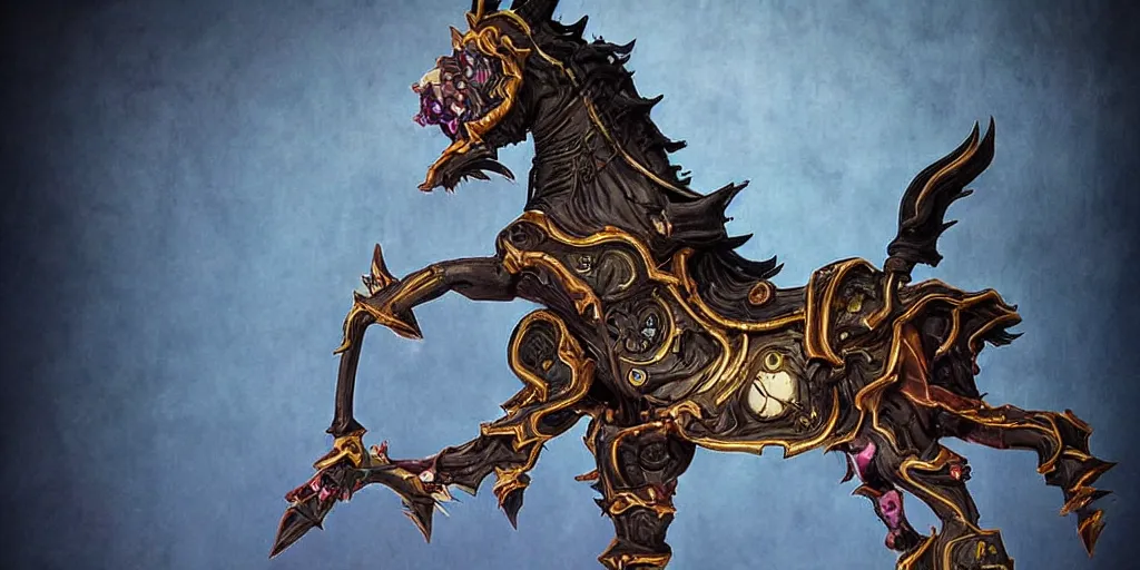 Image similar to a dark fantasy side view of an undead carousel horse, tim burton, world of warcraft, league of legends