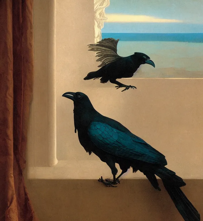 Image similar to a beautifully weird funny cheeky photoreal clear detailed victorian portrait of a close up raven on a victorian windowsill with an ornate velvet dark teal curtain at beautiful sunset daytime nature sunlit painting by frederic leighton and turner and morris and rosetti, 8 k, octane render