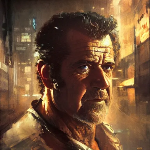 Image similar to mel gibson, hyperrealistic portrait, bladerunner street, art of elysium by jeremy mann and alphonse mucha, fantasy art, photo realistic, dynamic lighting, artstation, poster, volumetric lighting, very detailed face, 4 k, award winning