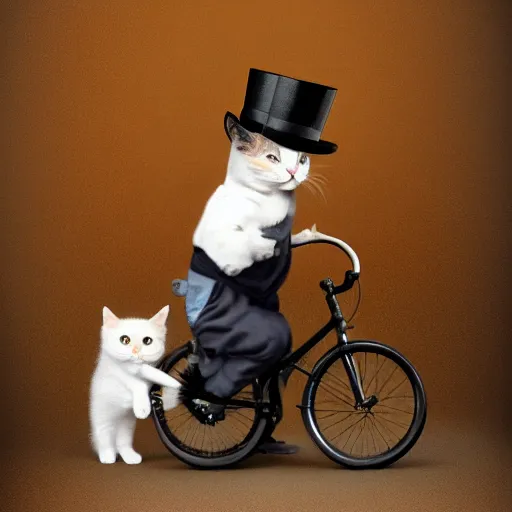 Image similar to Kitty with a tophat and monocle riding a unicycle, hyperrealistic painting 4K digital art trending on artstation