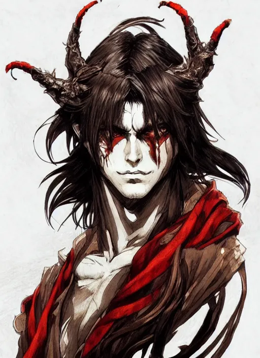 Prompt: Half body portrait of a handsome elf fire mage with long brown hair wearing ornate scarlet robe, scarred face. In style of Yoji Shinkawa and Hyung-tae Kim, trending on ArtStation, dark fantasy, great composition, concept art, highly detailed, dynamic pose.