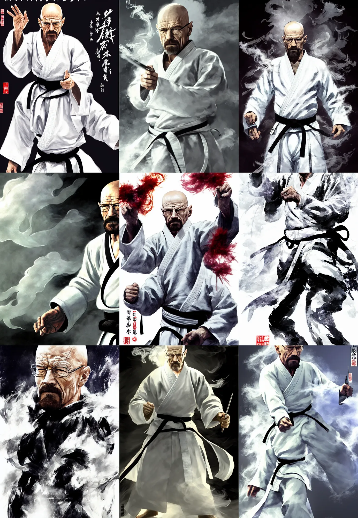 Prompt: serene Concept art of grandmaster walter white wearing a white martial artist gi, bald head and white beard, surrounded by white smoke, smoky, full body wuxia, white background, Wudang Swordmanship by Chen Uen, art by Yoji Shinkawa, 4k