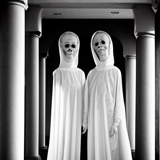 Prompt: nightmare vision, depth of field. black and white, award winning photo of smiling levitating twin nuns, wearing translucent sheet, Mary in a sanctuary, mirror hallways, eerie, tall columns, faces emerging from columns, frightening, highly detailed 8k —width 1024 —height 1024