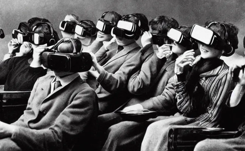 Image similar to 1 9 0 0 s photo of people using iphones ipods virtual reality headsets vr in a movie theater masterpiece