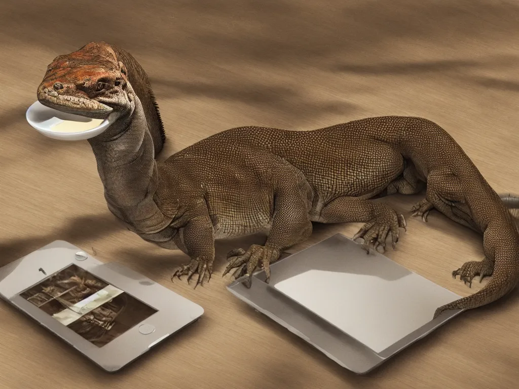 Image similar to photorealistic image of a humanoid komodo dragon sitting all alone in a cafe, drinking coffee while checking his messages on his ipad, ultra realisticepic digital art