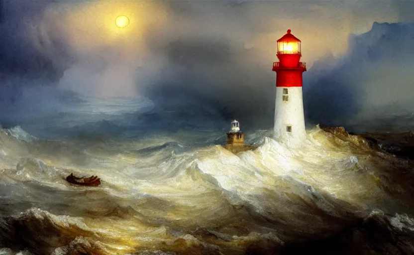 Image similar to a watercolor painting of a single lighthouse in a small rocky island during a violent storm by william turner, high quality, highly detailed, digital painting, masterpiece, turbulent sea, dramatic lighting, cinematic, centered, watercolor, william turner style, 4 k