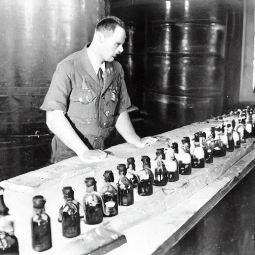 Image similar to a man in a uniform observing the sealing of a number of important looking bottles of spirits