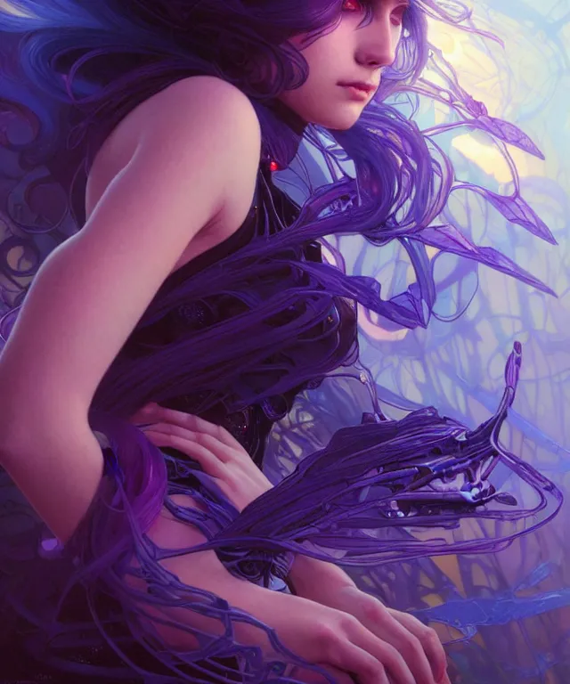 Image similar to Synthesizer and drum machine musician, sci-fi, fire eyes, face, blue and purple hair, fantasy, intricate, elegant, highly detailed, digital painting, artstation, concept art, smooth, sharp focus, illustration, art by artgerm and greg rutkowski and alphonse mucha