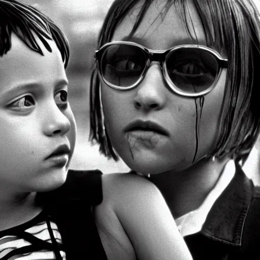 Prompt: pulp fiction hd fujifilm superia portrait photo of leon the professional and matilda in style of the movie sin city, ilford hp 5, close up photo by lexi sun