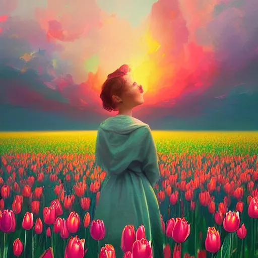 Prompt: large tulip head, girl floating in a flower field, surreal photography, sunrise dramatic light, impressionist painting, colorful clouds, digital painting, artstation, simon stalenhag