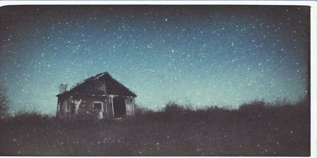 Image similar to polaroid photo of an abandoned house on a wasteland, colourful starry sky, slight color bleed, grain