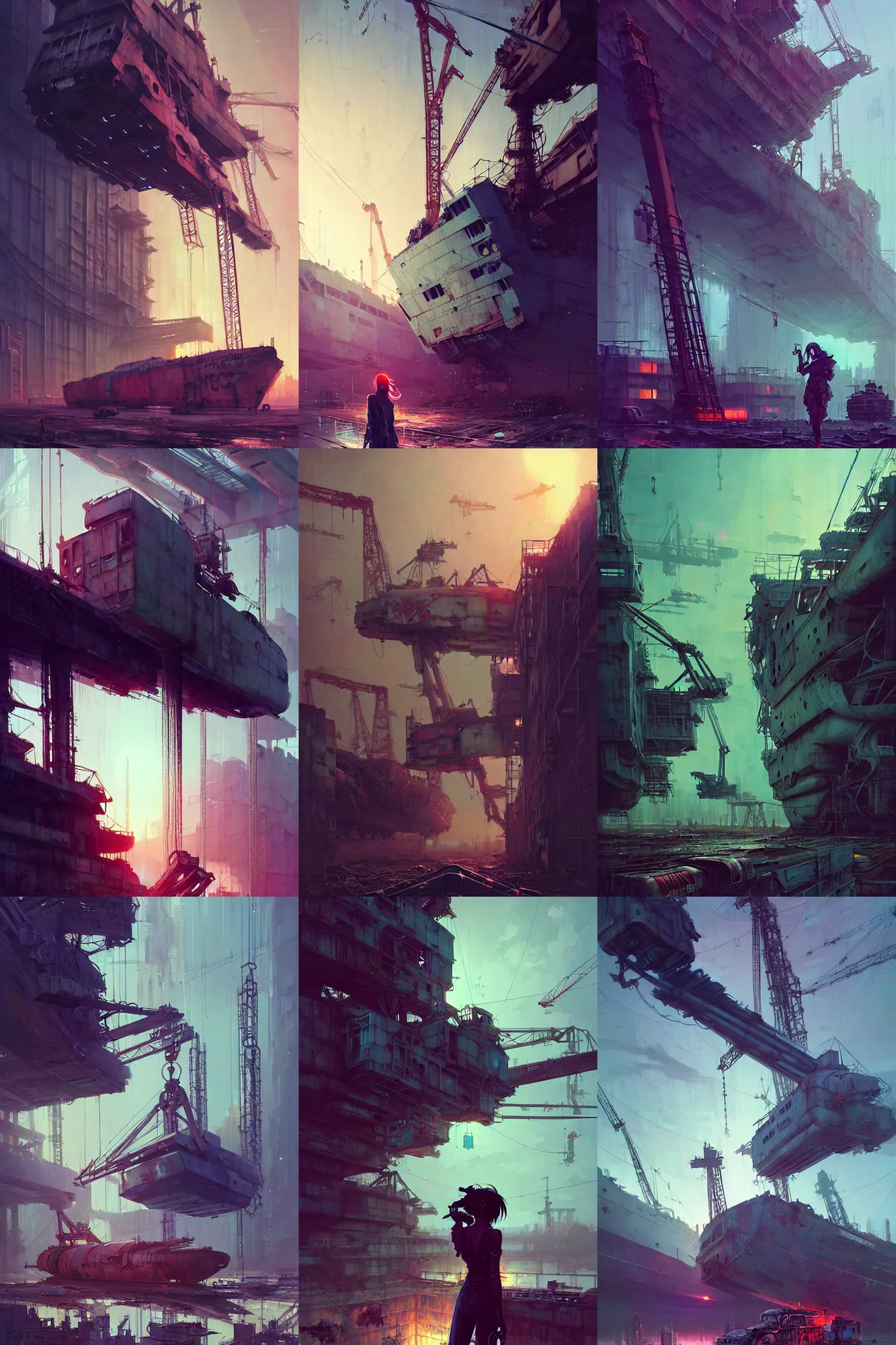 Prompt: hyper - realistic cyberpunk portrait of abandoned cargo ship graveyard, gigantic cranes, volumetric lighting, extreme detail, in style of col price, atey ghailan, by greg rutkowski, by greg tocchini, by james gilleard, by joe fenton, by kaethe butcher, grunge aesthetic