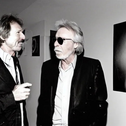 Prompt: harrison ford and john carpenter talking, 1 9 8 0 s photography